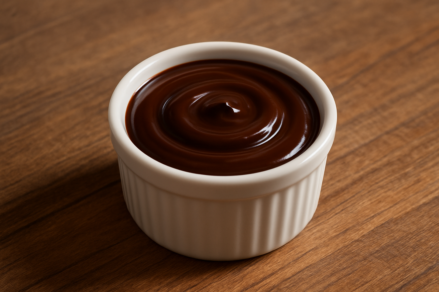 small soufle cup of chocolate syrup on table